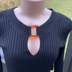 Sexy Cache ribbed silk blend stretch top black